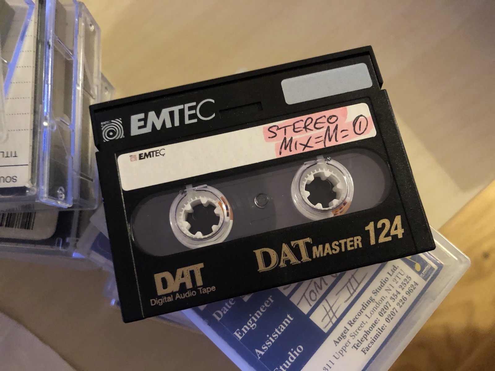 An EMTEC DAT master with its original handwritten studio label