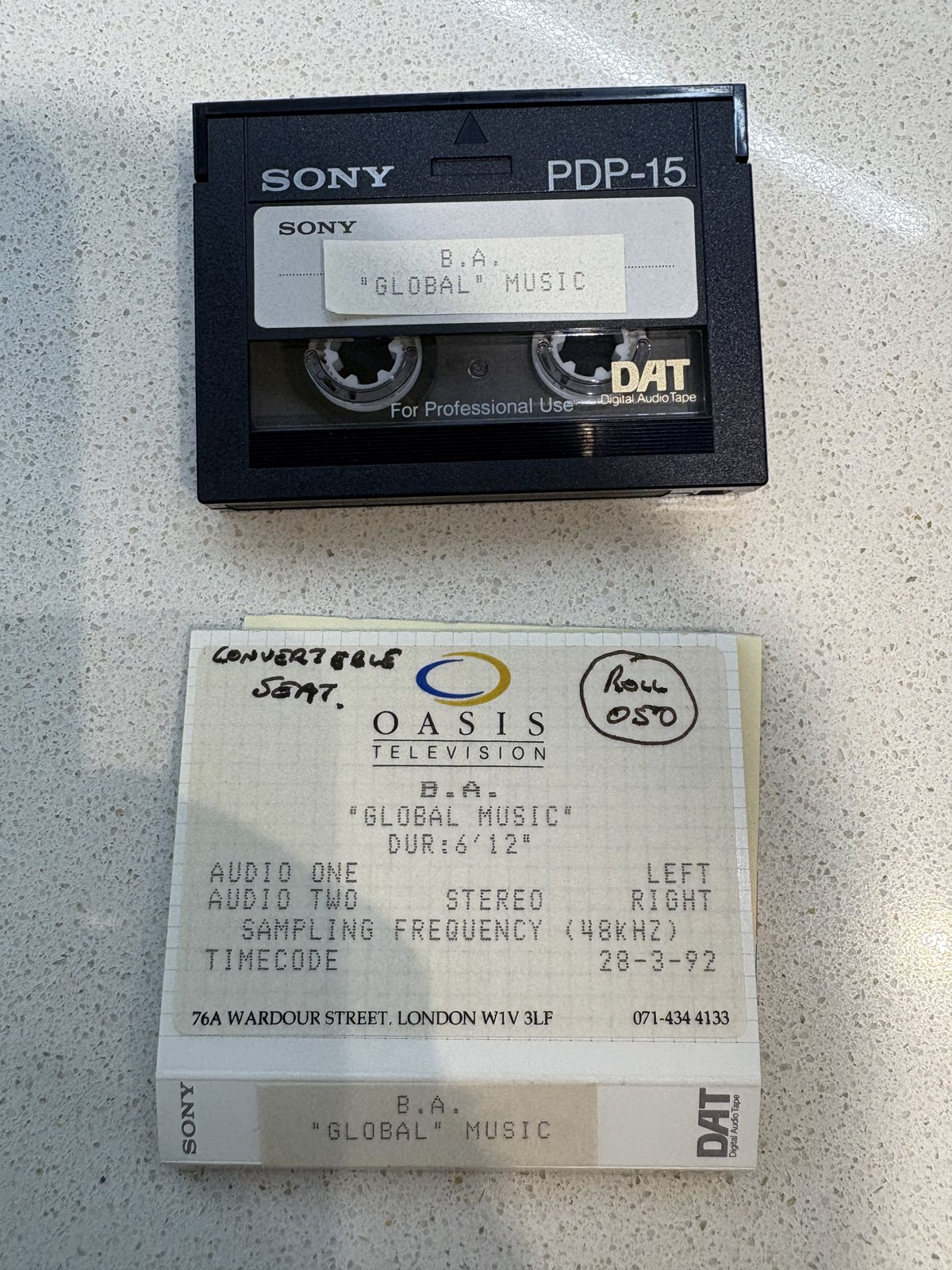Sony DAT tape and original BA Global Music production label