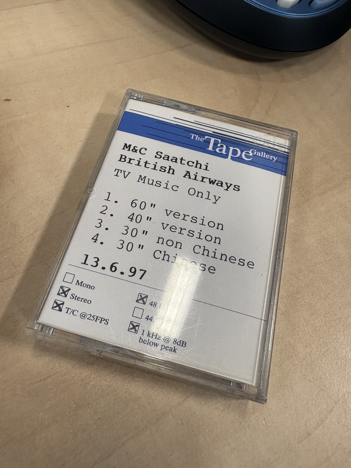 British Airways television music tape case with its original 1997 recording label